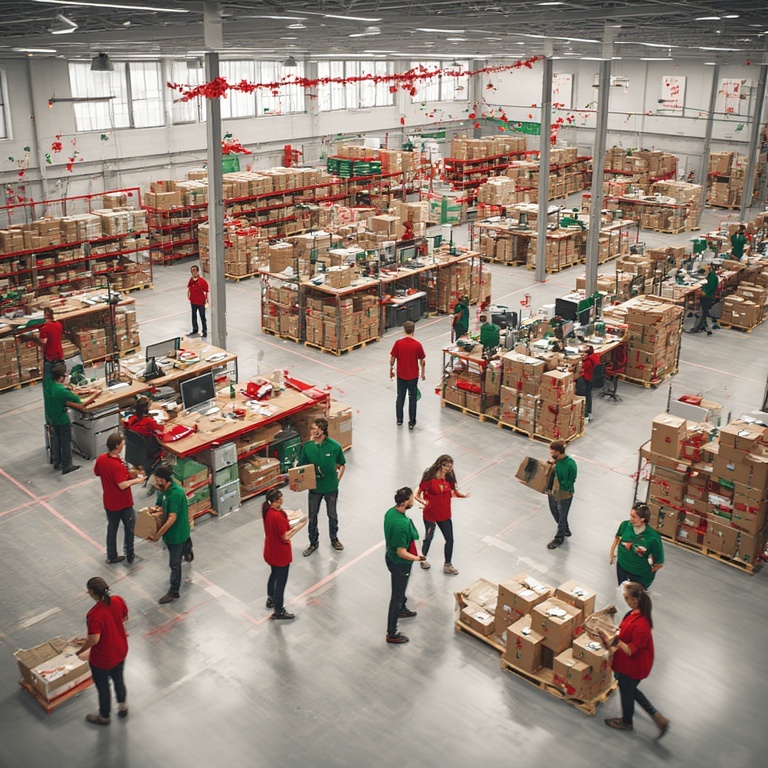 Seasonal workforce for e-commerce giant - busy fulfillment center with diverse team members processing orders during peak holiday season